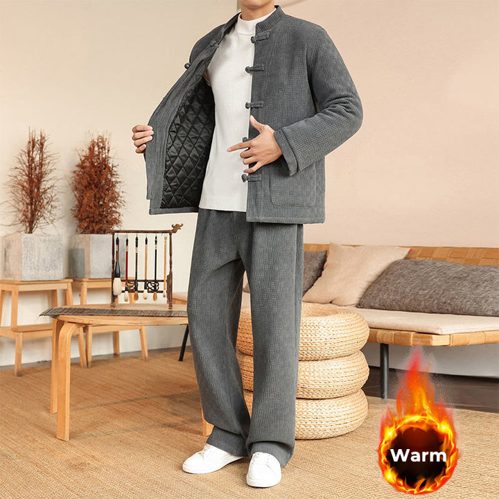 Buddha Stones, 2 szt., zimowy, solidny męski garnitur Tang, zapinany na guziki żabki, bawełniany, z długim rękawem, kurtką i spodniami, z kieszeniami - image 1