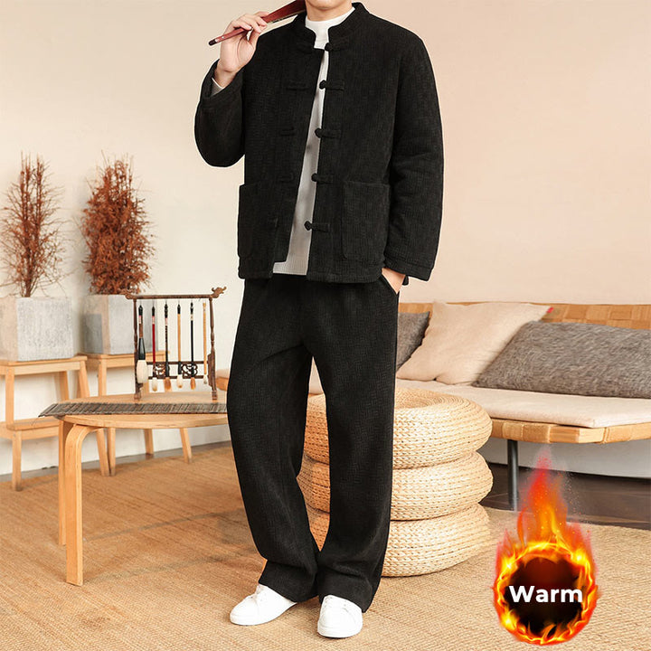Buddha Stones, 2 szt., zimowy, solidny męski garnitur Tang, zapinany na guziki żabki, bawełniany, z długim rękawem, kurtką i spodniami, z kieszeniami - image 18