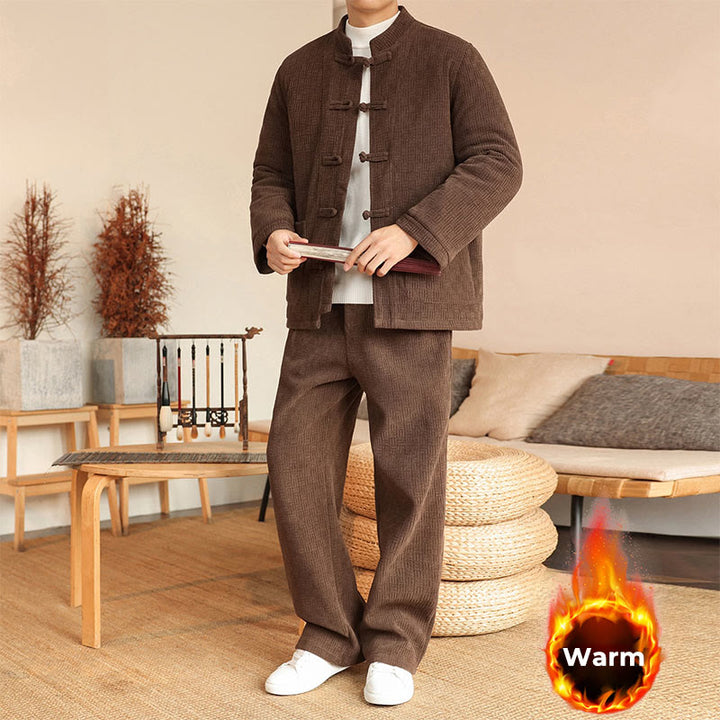 Buddha Stones, 2 szt., zimowy, solidny męski garnitur Tang, zapinany na guziki żabki, bawełniany, z długim rękawem, kurtką i spodniami, z kieszeniami - image 26