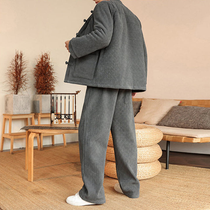 Buddha Stones, 2 szt., zimowy, solidny męski garnitur Tang, zapinany na guziki żabki, bawełniany, z długim rękawem, kurtką i spodniami, z kieszeniami - image 3