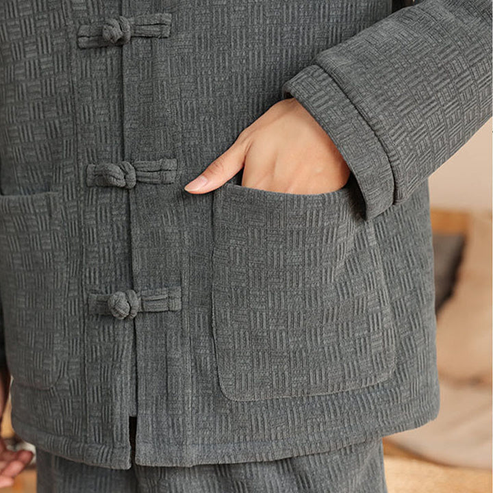 Buddha Stones, 2 szt., zimowy, solidny męski garnitur Tang, zapinany na guziki żabki, bawełniany, z długim rękawem, kurtką i spodniami, z kieszeniami - image 11