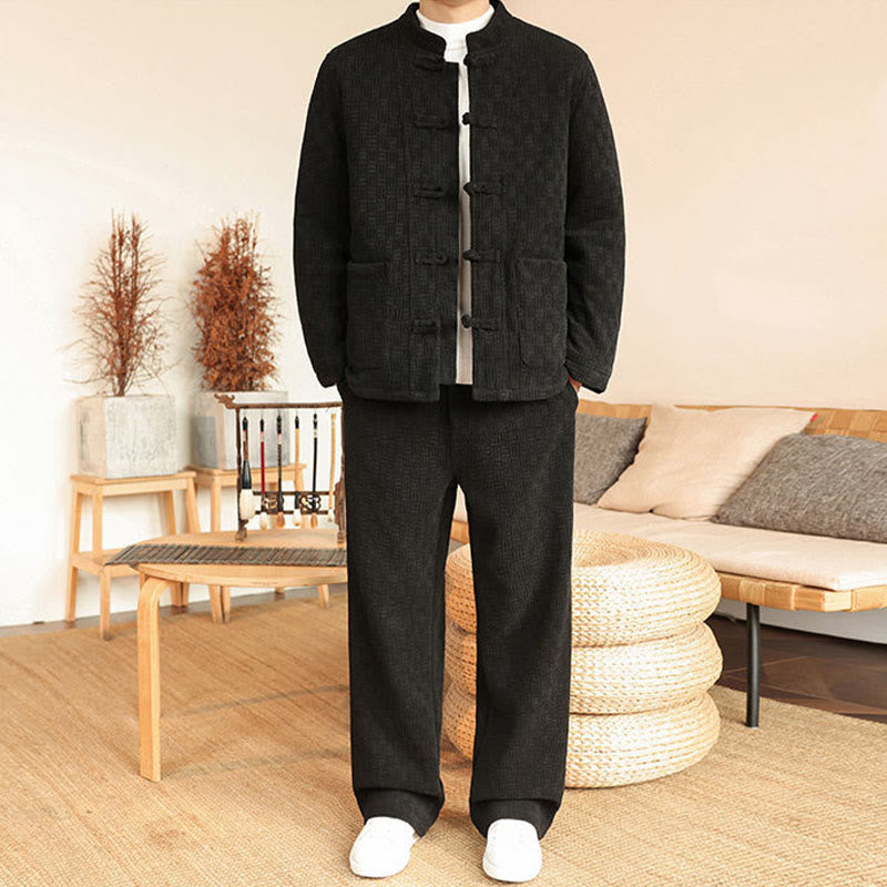 Buddha Stones, 2 szt., zimowy, solidny męski garnitur Tang, zapinany na guziki żabki, bawełniany, z długim rękawem, kurtką i spodniami, z kieszeniami - Czarny - US/UK/AU46， EU56 (5XL) - image 17