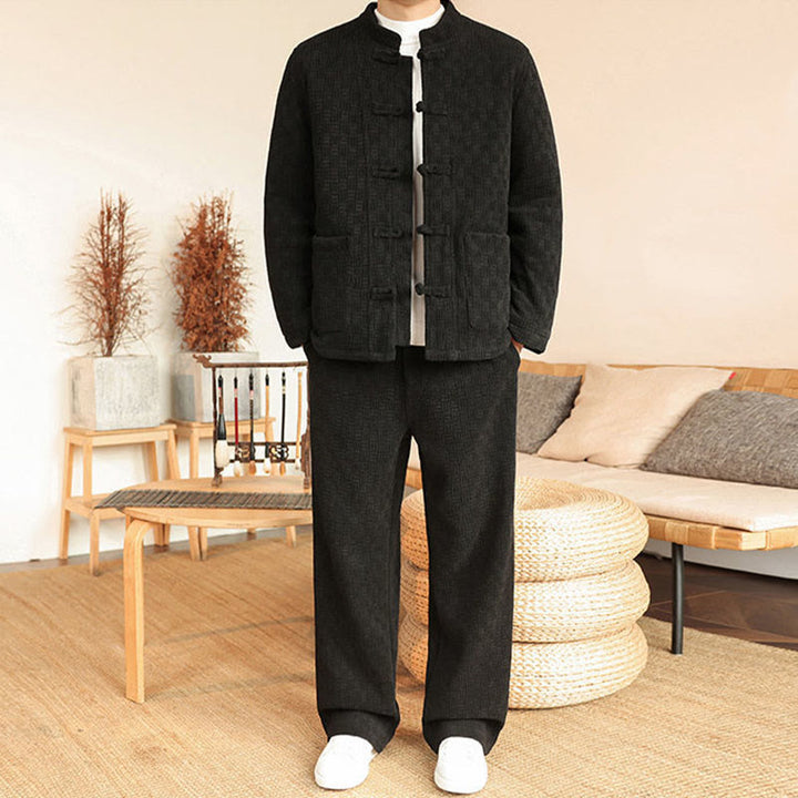 Buddha Stones, 2 szt., zimowy, solidny męski garnitur Tang, zapinany na guziki żabki, bawełniany, z długim rękawem, kurtką i spodniami, z kieszeniami - Czarny - US/UK/AU46， EU56 (5XL) - image 17