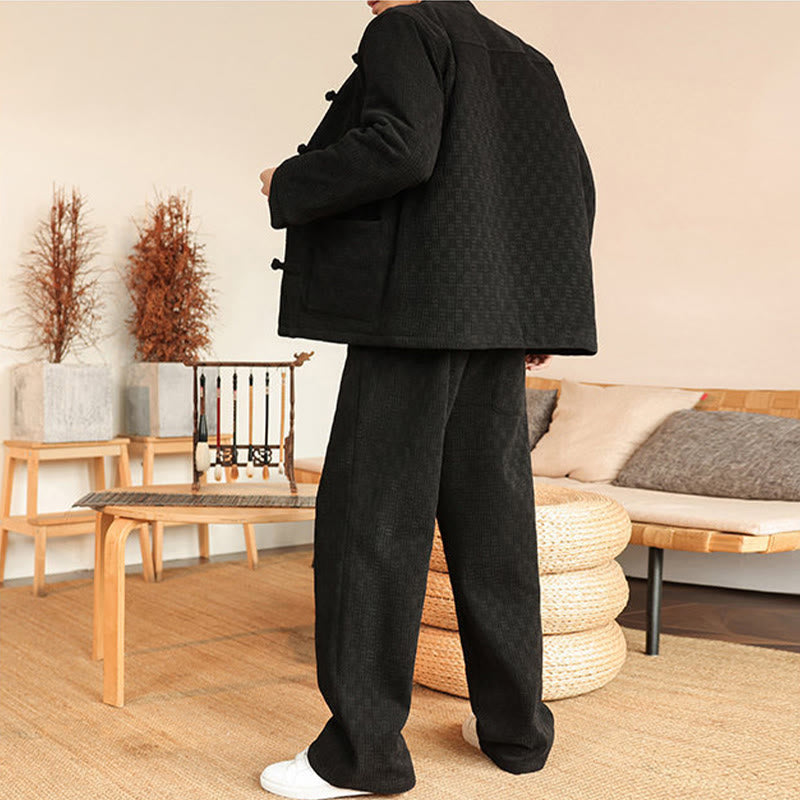 Buddha Stones, 2 szt., zimowy, solidny męski garnitur Tang, zapinany na guziki żabki, bawełniany, z długim rękawem, kurtką i spodniami, z kieszeniami - image 20