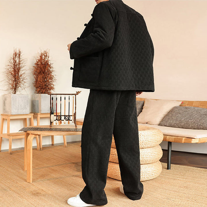 Buddha Stones, 2 szt., zimowy, solidny męski garnitur Tang, zapinany na guziki żabki, bawełniany, z długim rękawem, kurtką i spodniami, z kieszeniami - image 20