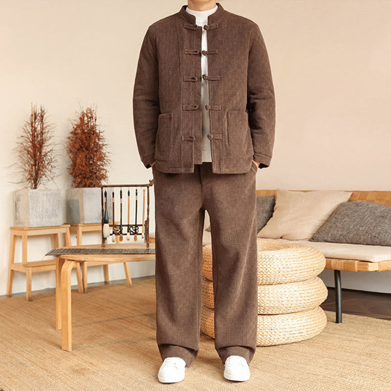 Buddha Stones, 2 szt., zimowy, solidny męski garnitur Tang, zapinany na guziki żabki, bawełniany, z długim rękawem, kurtką i spodniami, z kieszeniami - Peru - US/UK/AU46， EU56 (5XL) - image 25