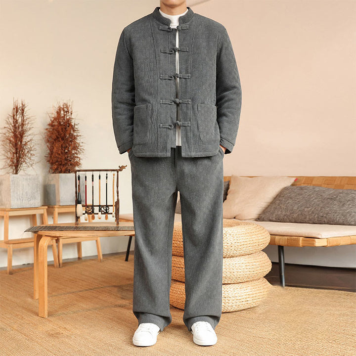Buddha Stones, 2 szt., zimowy, solidny męski garnitur Tang, zapinany na guziki żabki, bawełniany, z długim rękawem, kurtką i spodniami, z kieszeniami - Szary - US/UK/AU46， EU56 (5XL) - image 0