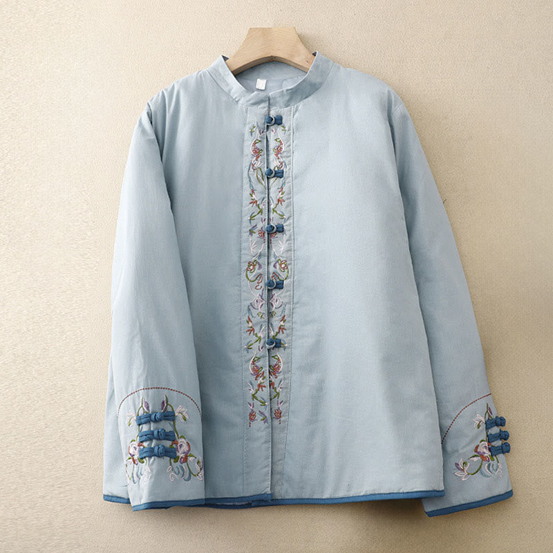 Kurtka termiczna damska z długim rękawem i haftem kwiatów Buddha Stones - Jasnoniebieski - US12, UK/AU16, EU44 (3XL) - image 1