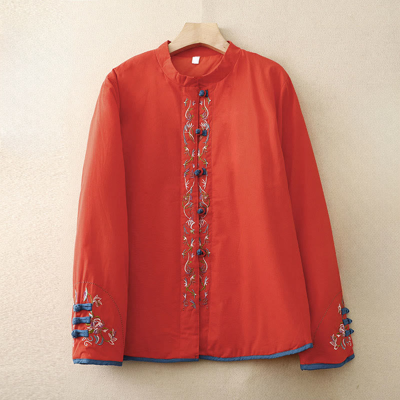 Kurtka termiczna damska z długim rękawem i haftem kwiatów Buddha Stones - Pomarańczowo-czerwony - US12, UK/AU16, EU44 (3XL) - image 17