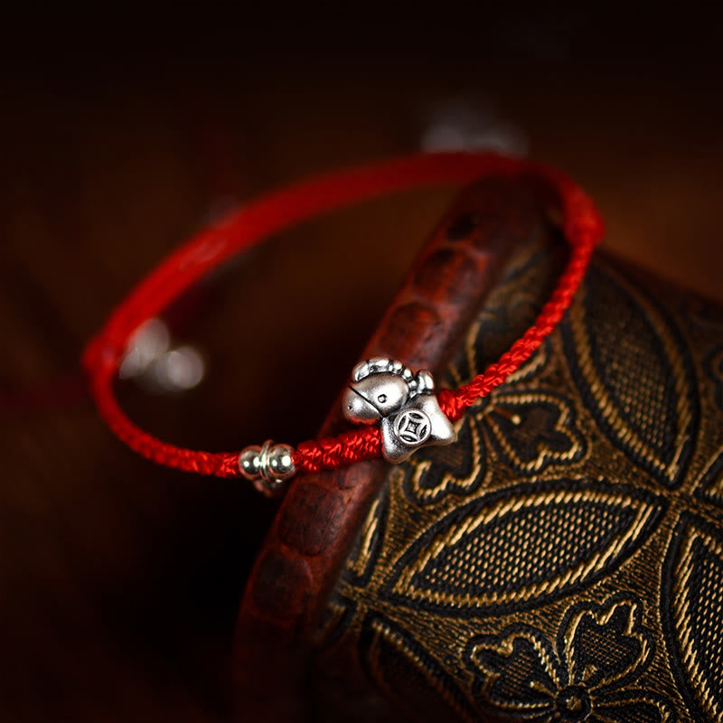 Buddha Stones 999 srebro próby 925 Rok Konia Dzwoneczek ze srebra próby 925 Sznurek szczęścia Bransoletka na kostkę dla dzieci i dorosłych - image 8