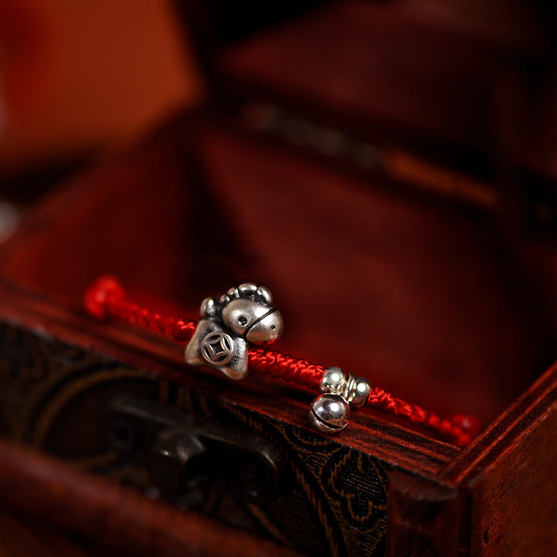 Buddha Stones 999 srebro próby 925 Rok Konia Dzwoneczek ze srebra próby 925 Sznurek szczęścia Bransoletka na kostkę dla dzieci i dorosłych - image 11