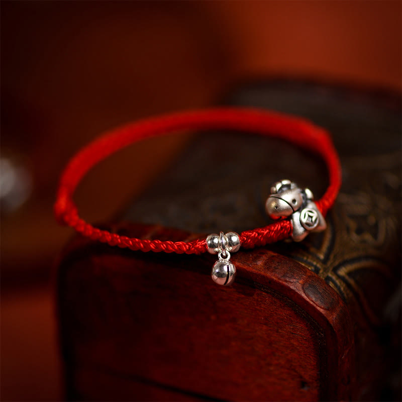 Buddha Stones 999 srebro próby 925 Rok Konia Dzwoneczek ze srebra próby 925 Sznurek szczęścia Bransoletka na kostkę dla dzieci i dorosłych - image 7