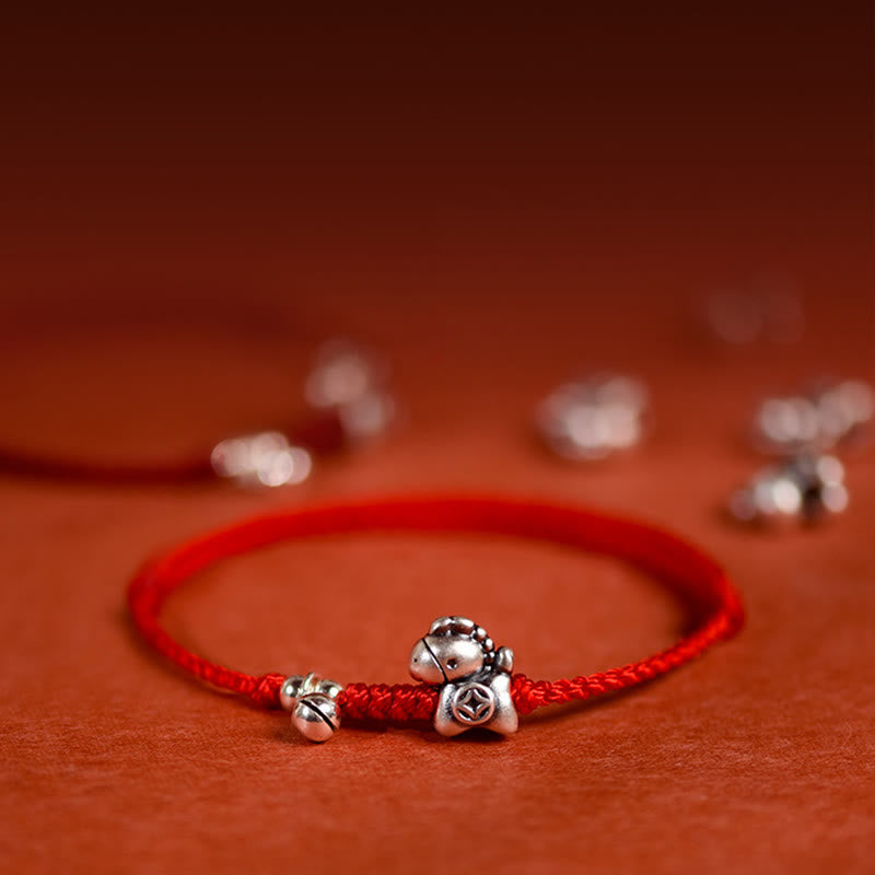 Buddha Stones 999 srebro próby 925 Rok Konia Dzwoneczek ze srebra próby 925 Sznurek szczęścia Bransoletka na kostkę dla dzieci i dorosłych - image 0