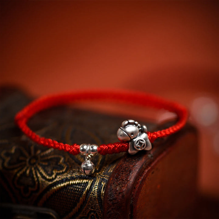 Buddha Stones 999 srebro próby 925 Rok Konia Dzwoneczek ze srebra próby 925 Sznurek szczęścia Bransoletka na kostkę dla dzieci i dorosłych - image 9