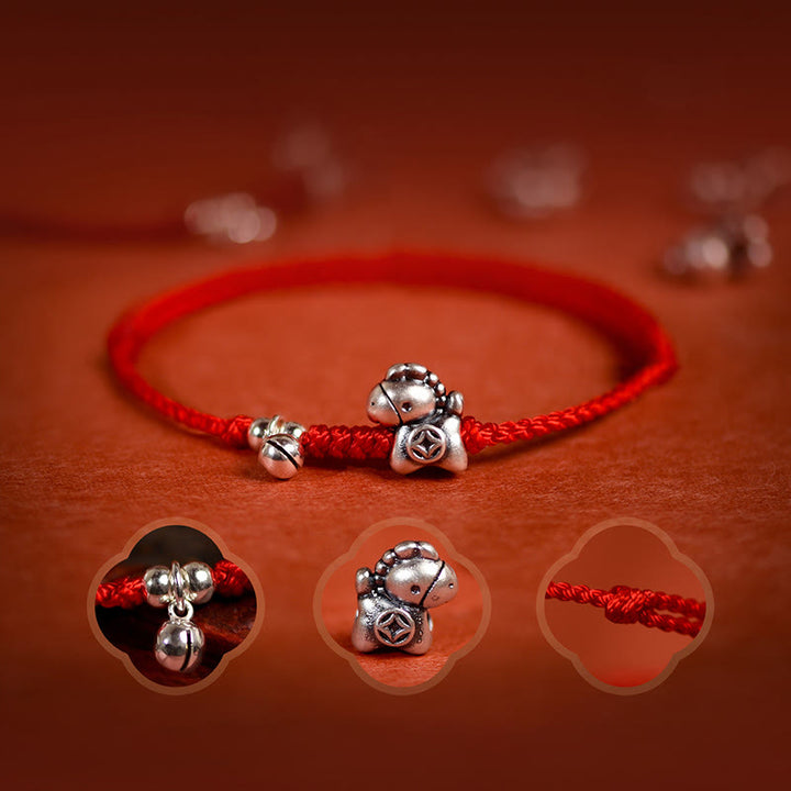 Buddha Stones 999 srebro próby 925 Rok Konia Dzwoneczek ze srebra próby 925 Sznurek szczęścia Bransoletka na kostkę dla dzieci i dorosłych - image 5