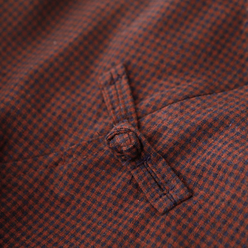 Jesienna sukienka midi z brązowymi kratkami i kołnierzykiem w kolorze brązowym z Buddha Stones aplikacją i kieszeniami - image 3