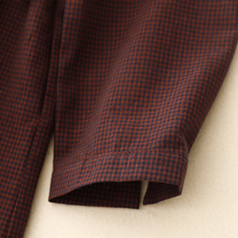 Jesienna sukienka midi z brązowymi kratkami i kołnierzykiem w kolorze brązowym z Buddha Stones aplikacją i kieszeniami - image 9