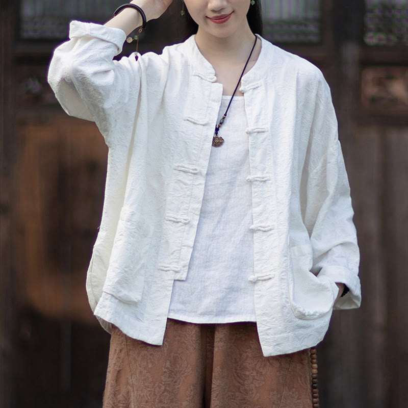 Koszula damska z długim rękawem i żakardowymi guzikami w kształcie żaby z motywem kamieni Buddha Stones, spodnie z bawełny i lnu - Biała koszula - US4-6, UK/AU8-10, EU36-38 (F) - image 13