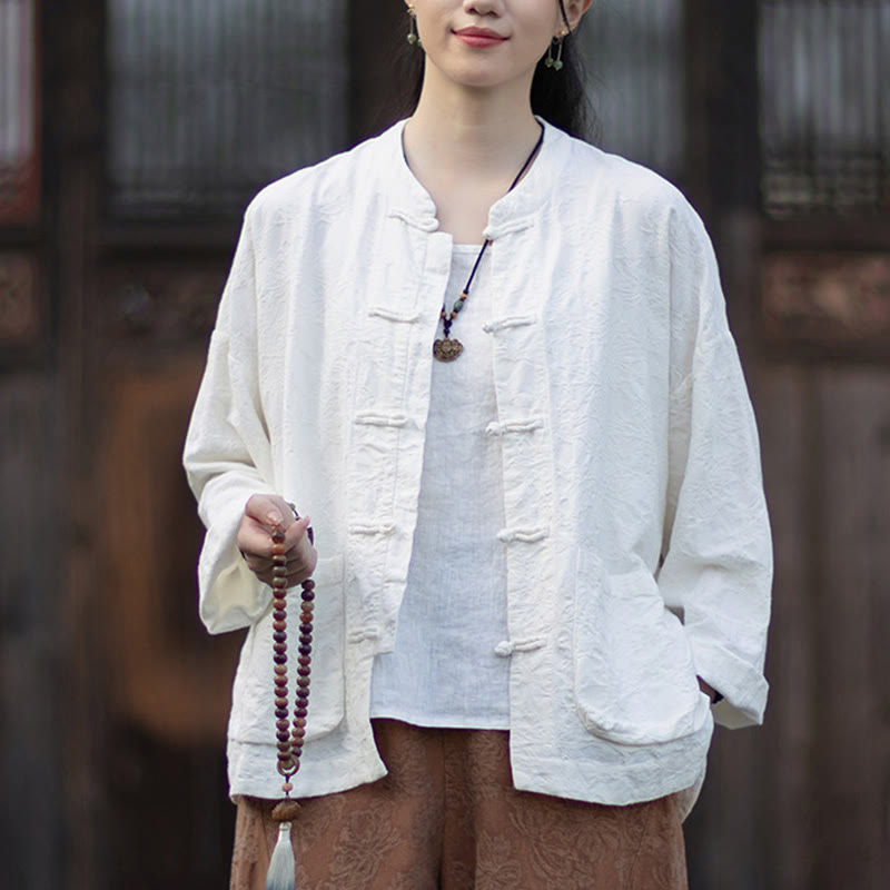 Koszula damska z długim rękawem i żakardowymi guzikami w kształcie żaby z motywem kamieni Buddha Stones, spodnie z bawełny i lnu - image 14