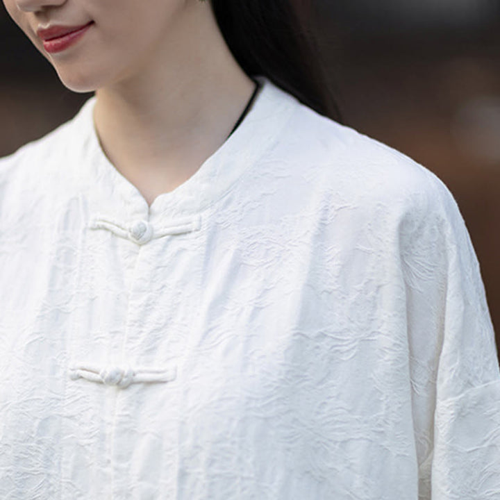 Koszula damska z długim rękawem i żakardowymi guzikami w kształcie żaby z motywem kamieni Buddha Stones, spodnie z bawełny i lnu - image 21