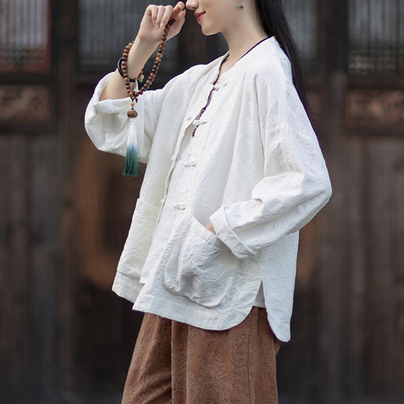 Koszula damska z długim rękawem i żakardowymi guzikami w kształcie żaby z motywem kamieni Buddha Stones, spodnie z bawełny i lnu - image 17