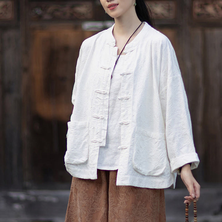 Koszula damska z długim rękawem i żakardowymi guzikami w kształcie żaby z motywem kamieni Buddha Stones, spodnie z bawełny i lnu - image 18