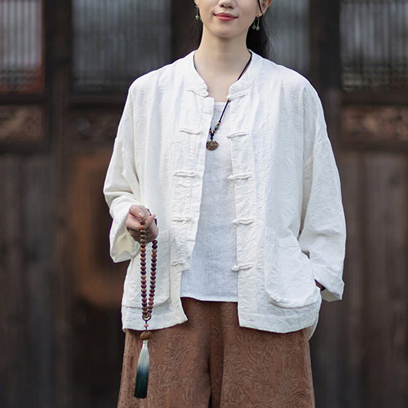 Koszula damska z długim rękawem i żakardowymi guzikami w kształcie żaby z motywem kamieni Buddha Stones, spodnie z bawełny i lnu - image 20