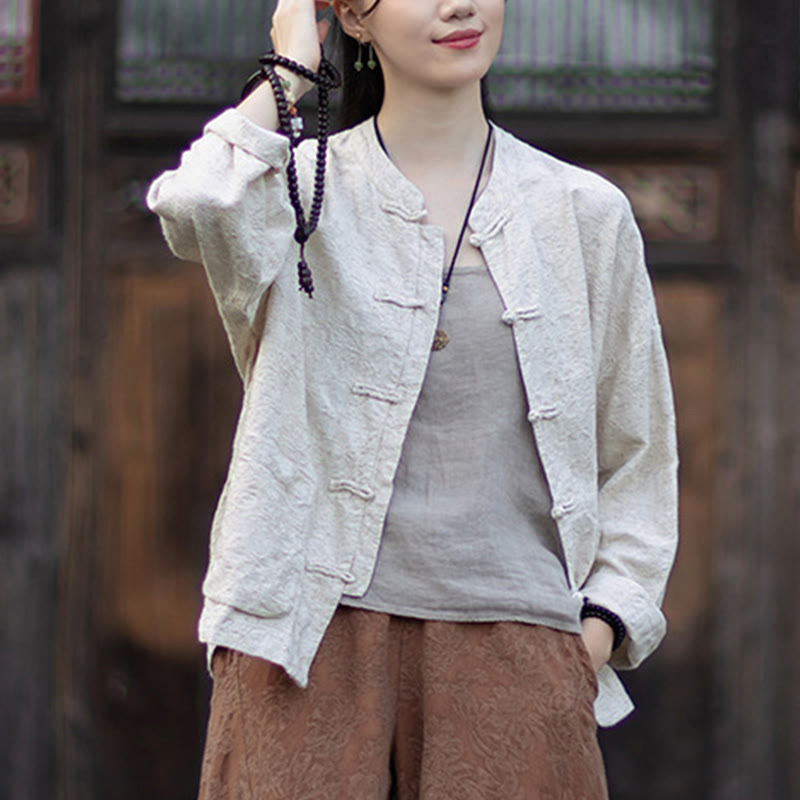 Koszula damska z długim rękawem i żakardowymi guzikami w kształcie żaby z motywem kamieni Buddha Stones, spodnie z bawełny i lnu - image 24