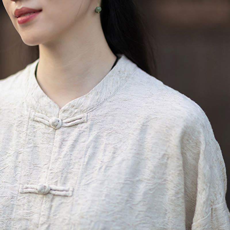 Koszula damska z długim rękawem i żakardowymi guzikami w kształcie żaby z motywem kamieni Buddha Stones, spodnie z bawełny i lnu - image 27