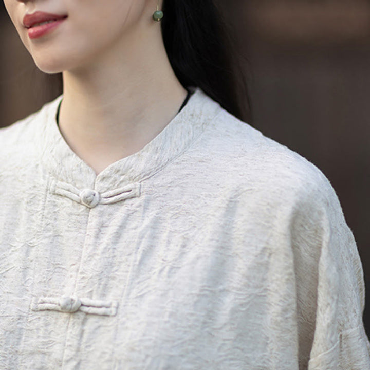 Koszula damska z długim rękawem i żakardowymi guzikami w kształcie żaby z motywem kamieni Buddha Stones, spodnie z bawełny i lnu - image 27