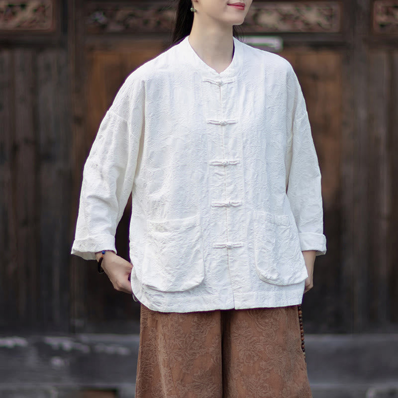 Koszula damska z długim rękawem i żakardowymi guzikami w kształcie żaby z motywem kamieni Buddha Stones, spodnie z bawełny i lnu - image 15