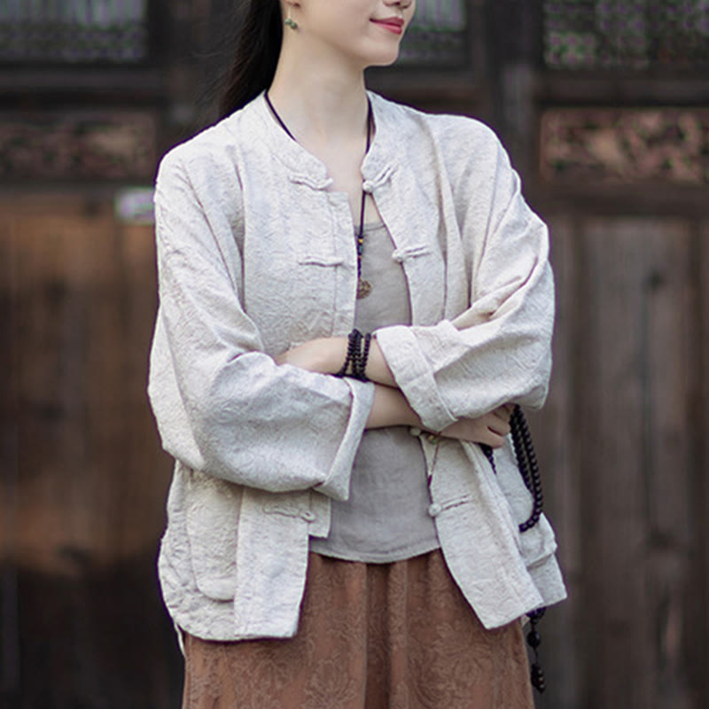 Koszula damska z długim rękawem i żakardowymi guzikami w kształcie żaby z motywem kamieni Buddha Stones, spodnie z bawełny i lnu - image 26