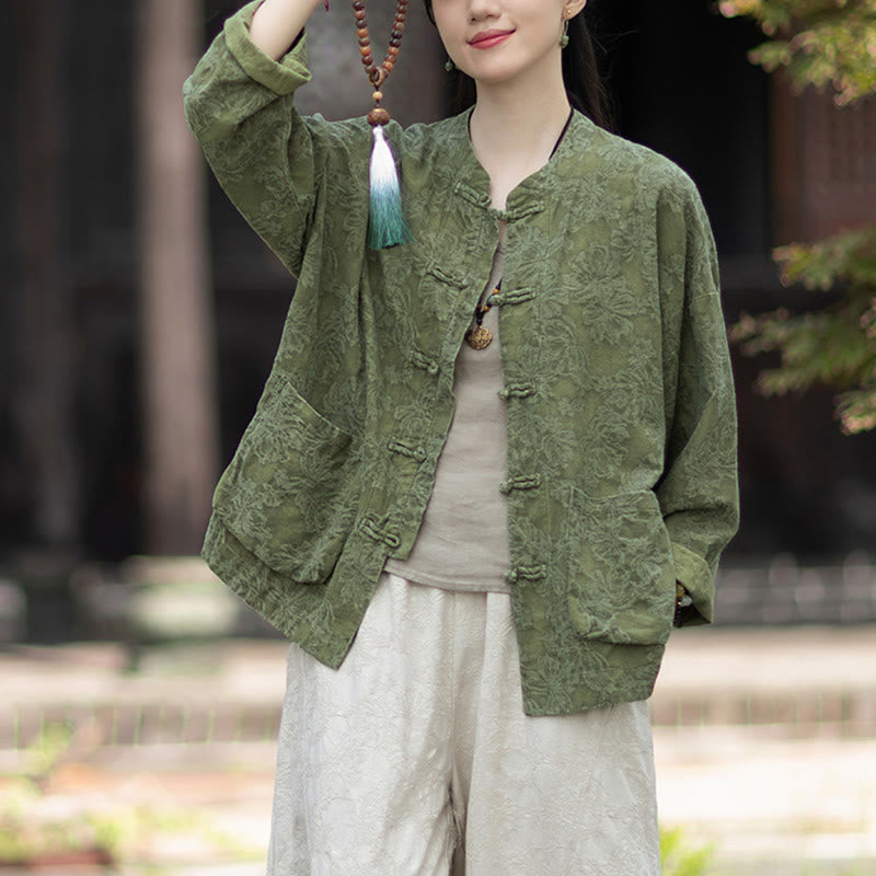 Koszula damska z długim rękawem i żakardowymi guzikami w kształcie żaby z motywem kamieni Buddha Stones, spodnie z bawełny i lnu - image 4