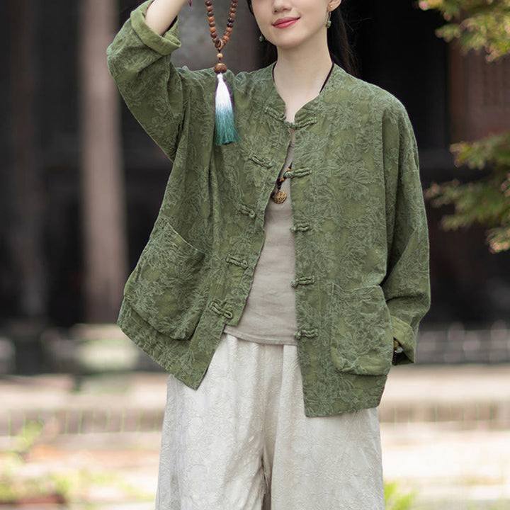 Koszula damska z długim rękawem i żakardowymi guzikami w kształcie żaby z motywem kamieni Buddha Stones, spodnie z bawełny i lnu - image 4