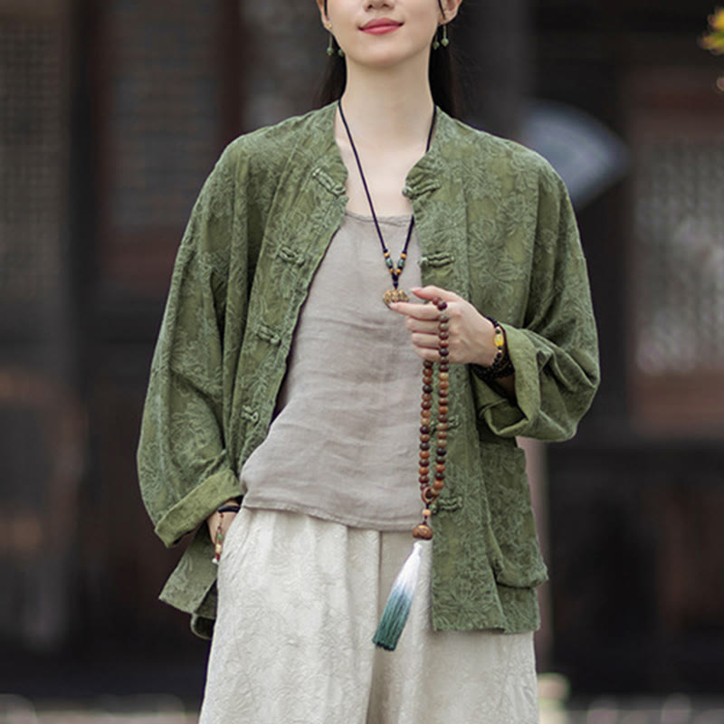 Koszula damska z długim rękawem i żakardowymi guzikami w kształcie żaby z motywem kamieni Buddha Stones, spodnie z bawełny i lnu - image 8