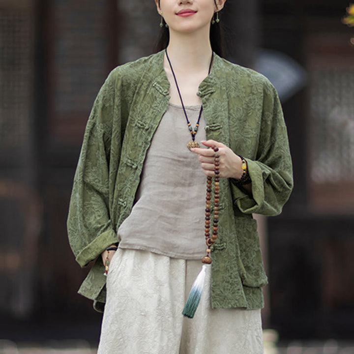 Koszula damska z długim rękawem i żakardowymi guzikami w kształcie żaby z motywem kamieni Buddha Stones, spodnie z bawełny i lnu - image 8