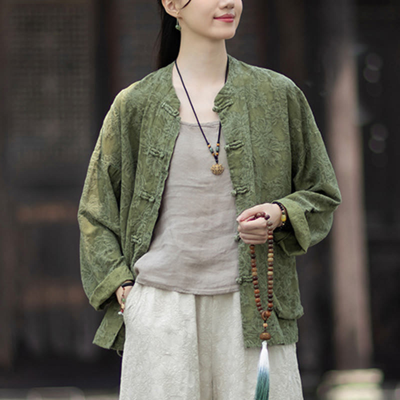 Koszula damska z długim rękawem i żakardowymi guzikami w kształcie żaby z motywem kamieni Buddha Stones, spodnie z bawełny i lnu - image 10