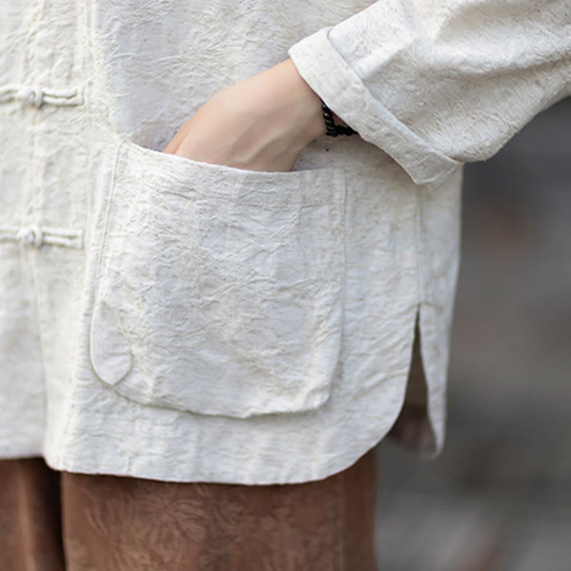 Koszula damska z długim rękawem i żakardowymi guzikami w kształcie żaby z motywem kamieni Buddha Stones, spodnie z bawełny i lnu - image 28