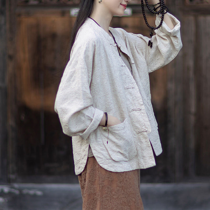 Koszula damska z długim rękawem i żakardowymi guzikami w kształcie żaby z motywem kamieni Buddha Stones, spodnie z bawełny i lnu - image 25