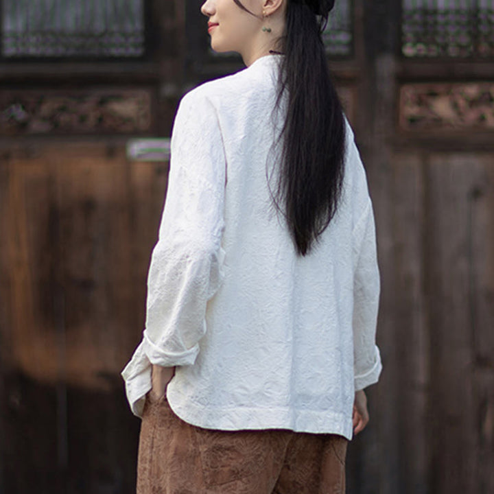 Koszula damska z długim rękawem i żakardowymi guzikami w kształcie żaby z motywem kamieni Buddha Stones, spodnie z bawełny i lnu - image 16