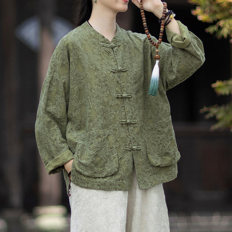 Koszula damska z długim rękawem i żakardowymi guzikami w kształcie żaby z motywem kamieni Buddha Stones, spodnie z bawełny i lnu - image 3