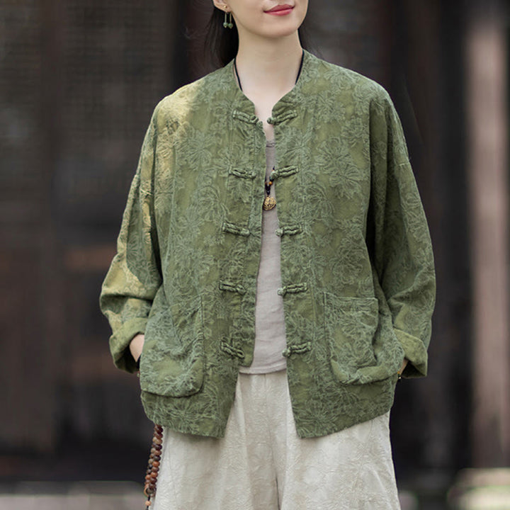 Koszula damska z długim rękawem i żakardowymi guzikami w kształcie żaby z motywem kamieni Buddha Stones, spodnie z bawełny i lnu - image 6