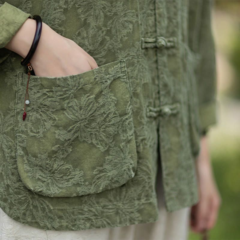 Koszula damska z długim rękawem i żakardowymi guzikami w kształcie żaby z motywem kamieni Buddha Stones, spodnie z bawełny i lnu - image 12