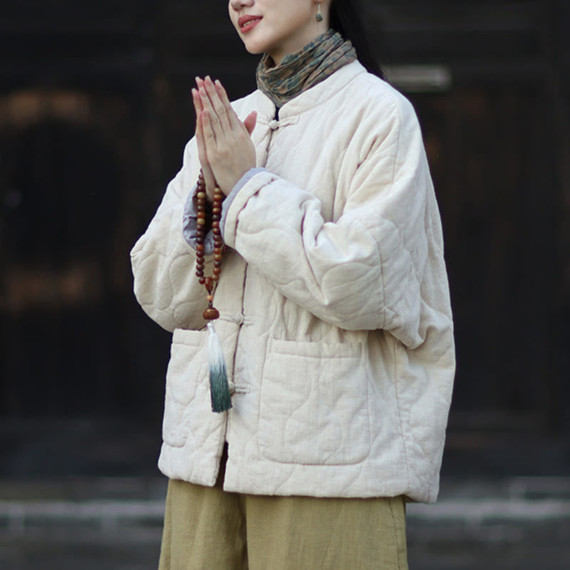Kurtka termiczna damska z długim rękawem i kieszeniami, z bawełny ramia, z motywem Buddha Stones , z zakrzywionymi liniami i guzikami żaby - image 20