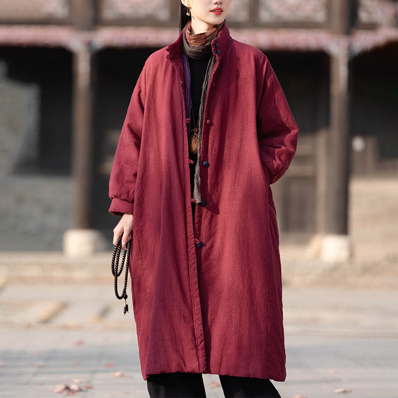 Płaszcz termiczny z długim rękawem i kieszeniami, z bawełny ramii Buddha Stones Winter Solid Frog-Button Guziki - Karmazynowy - US6, UK/AU10, EU38 (M) - image 10