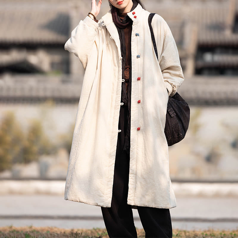 Płaszcz termiczny z długim rękawem i kieszeniami, z bawełny ramii Buddha Stones Winter Solid Frog-Button Guziki - image 7