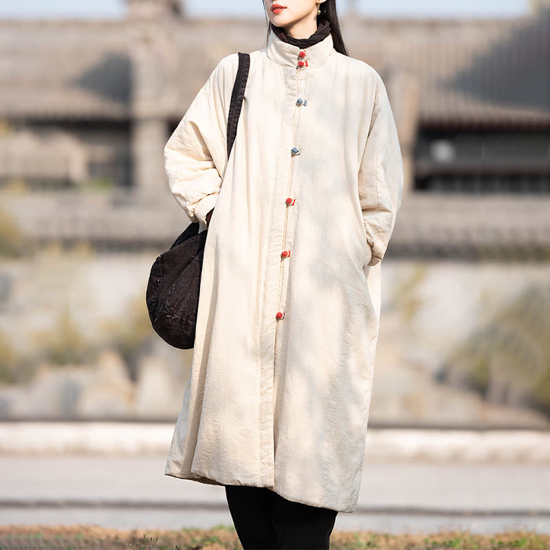 Płaszcz termiczny z długim rękawem i kieszeniami, z bawełny ramii Buddha Stones Winter Solid Frog-Button Guziki - image 9