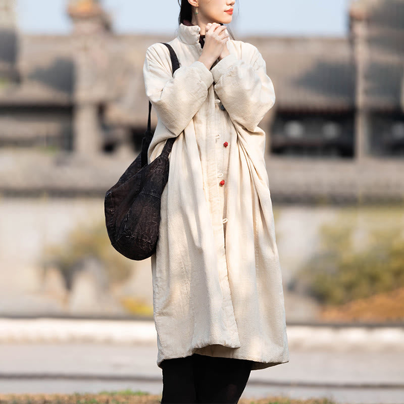 Płaszcz termiczny z długim rękawem i kieszeniami, z bawełny ramii Buddha Stones Winter Solid Frog-Button Guziki - image 5