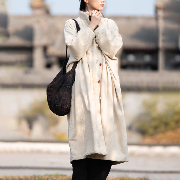 Płaszcz termiczny z długim rękawem i kieszeniami, z bawełny ramii Buddha Stones Winter Solid Frog-Button Guziki - image 5