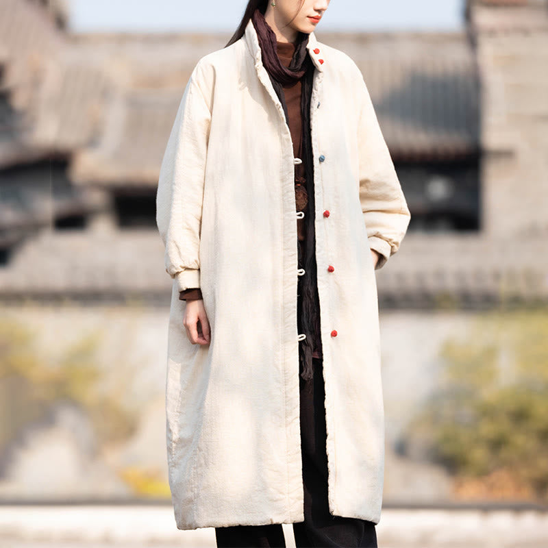 Płaszcz termiczny z długim rękawem i kieszeniami, z bawełny ramii Buddha Stones Winter Solid Frog-Button Guziki - image 1